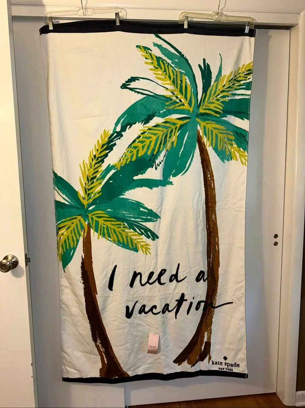 Kate Spade Beach Towel White Palm Tree “I Need A Vacation” 40x70” NWT